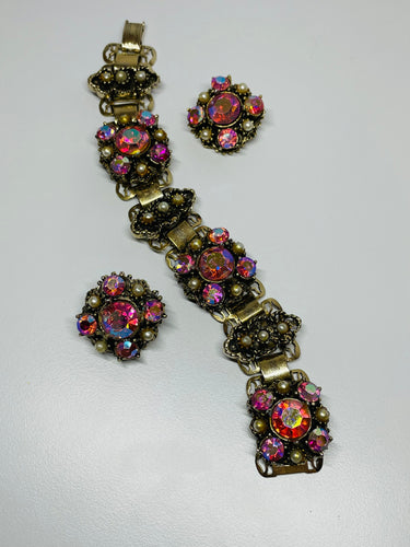 Pink AB Rhinestone Bracelet and Earrings set Devil's Details
